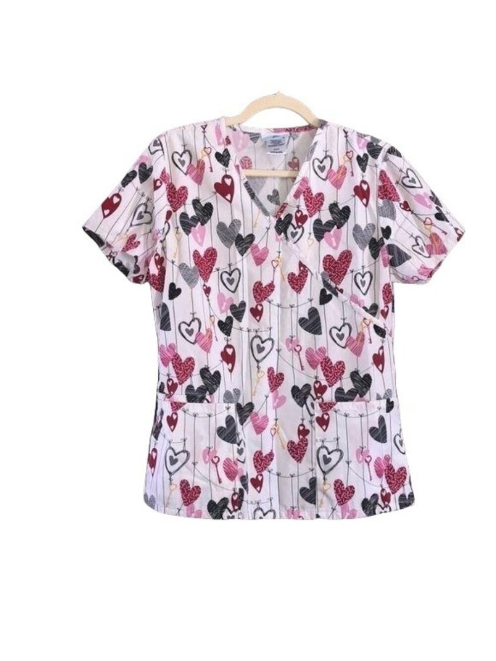 SB Scrubs Womens Heart Print V-Neck Scrub Top S Short Sleeve Pockets